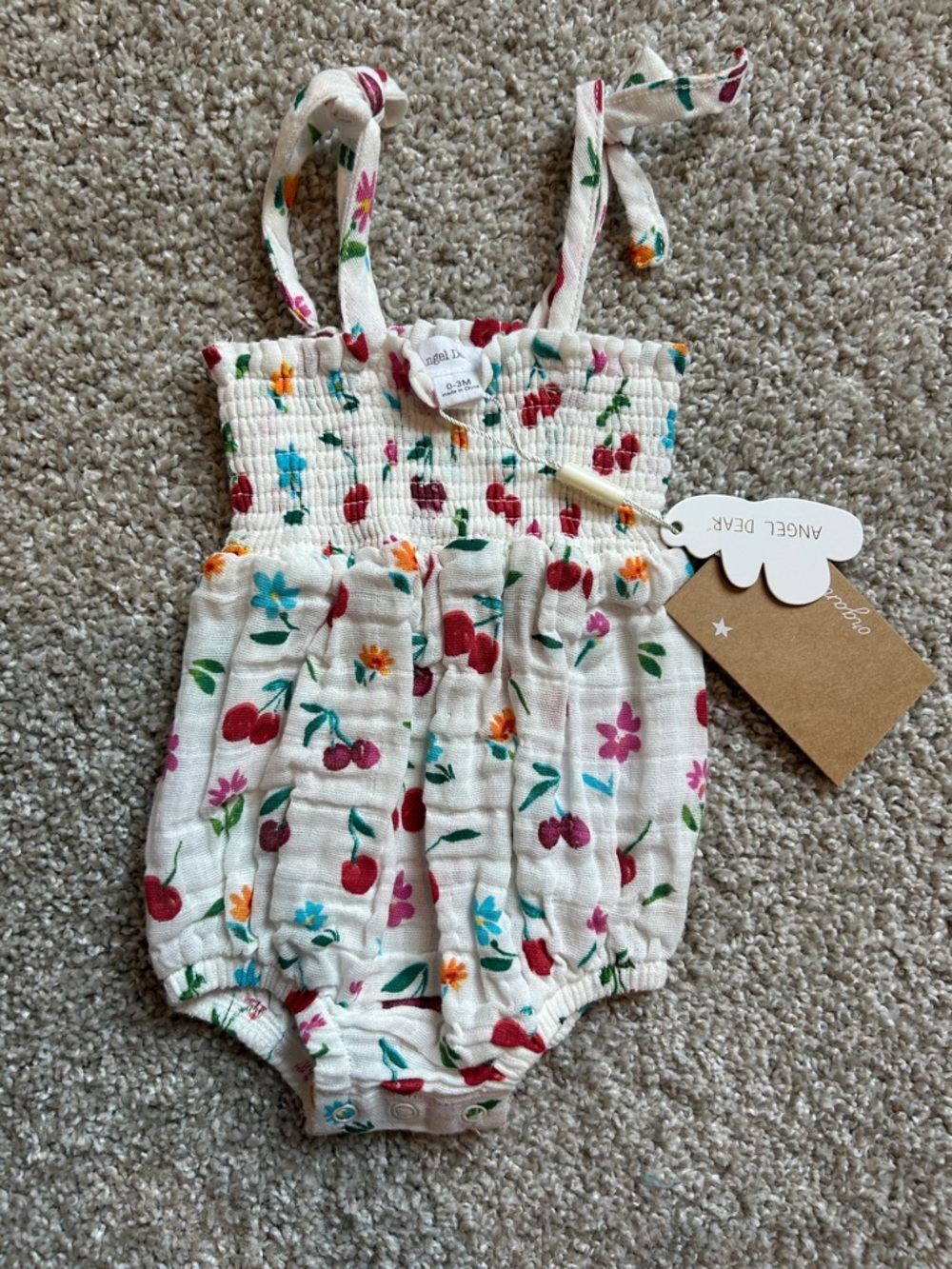 Angel Dear White Floral Cherry Smocked Baby One-Piece